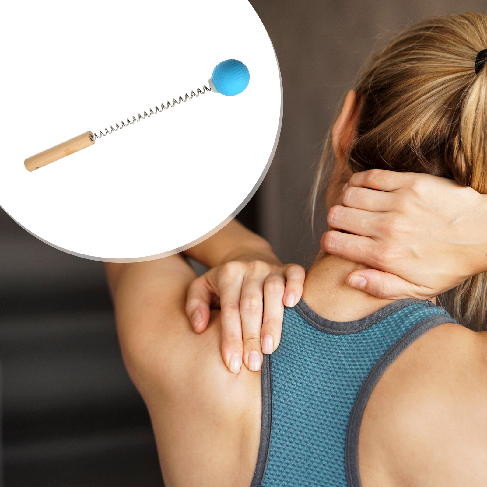 Item of 1 Handheld Neck Massager with Single Trigger Point Wood Spring TPR Blue