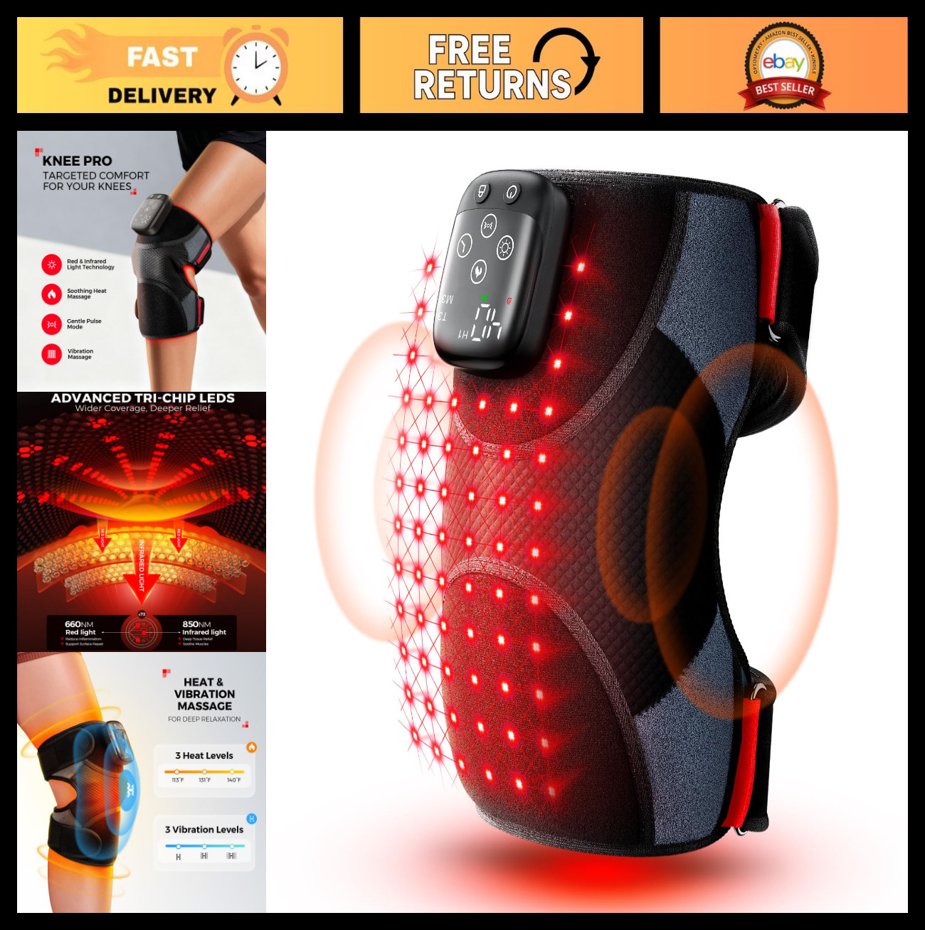 Cordless Heated Knee Massager with Heat & Vibration, 72 Red Lights, 5000mAh