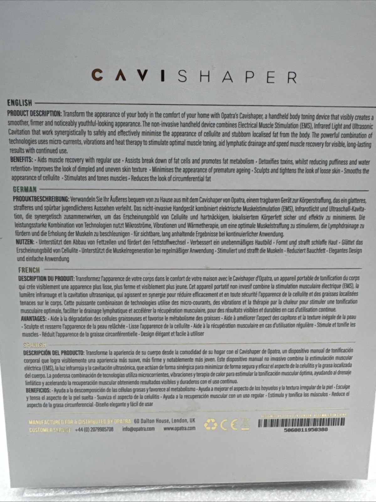 Opatra London Cavishaper Skincare Tool Tones Ultrasonic EMD LED Light Therapy