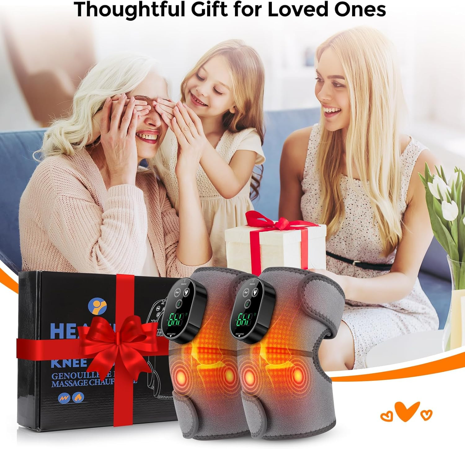 Cordless Knee Heating Pad – 6 Heating Levels, 3 Vibration Modes, Adjustable Time