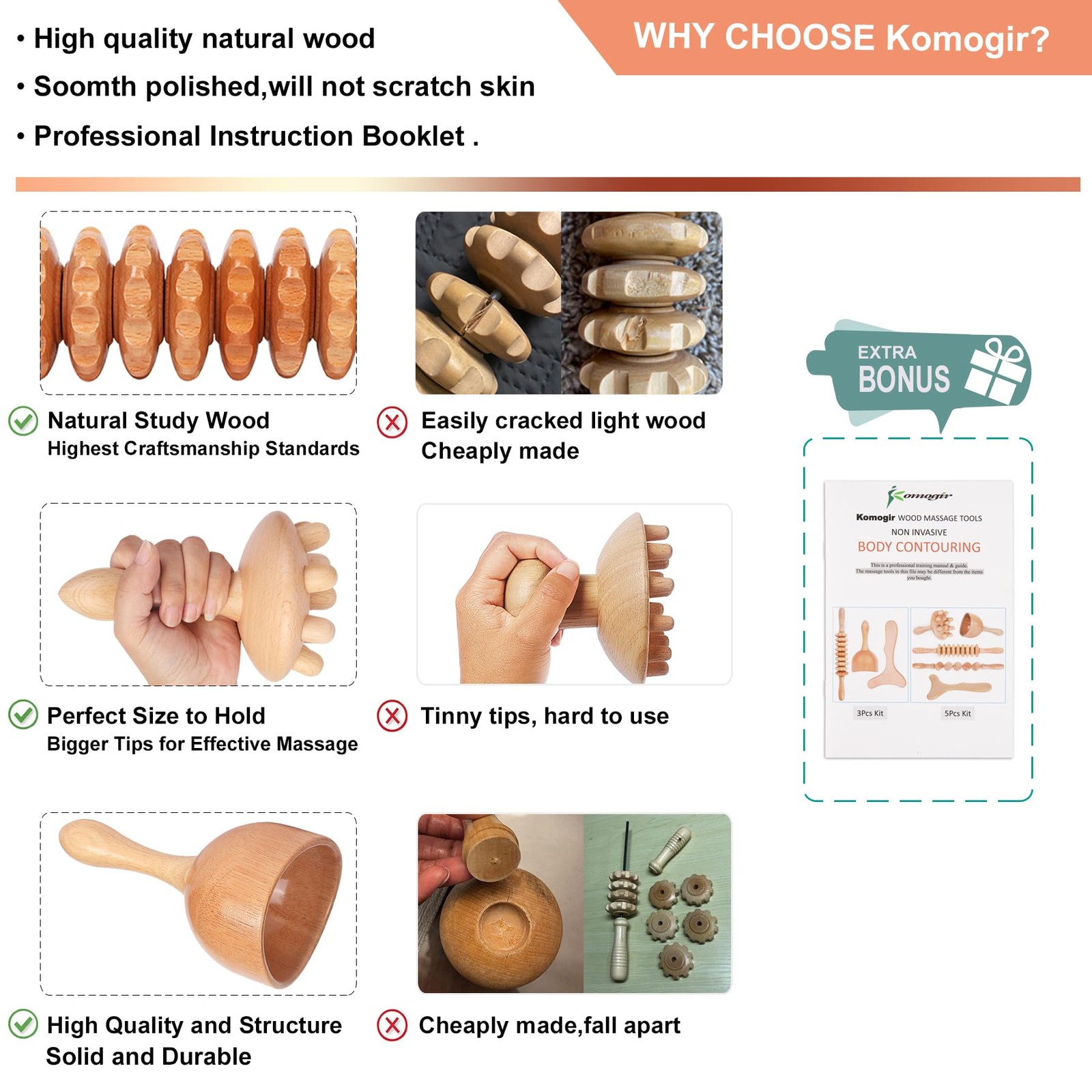 Komogir Wood Therapy Massage Tools 5-in-1 17.3 x 6.3 x 4 Inch, Kit03-5 in 1