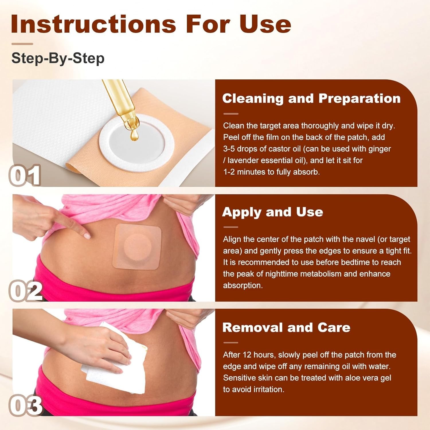 Castor Oil Patches，50PCS Disposable Leak-Proof for Belly Button,Highly Absorbent