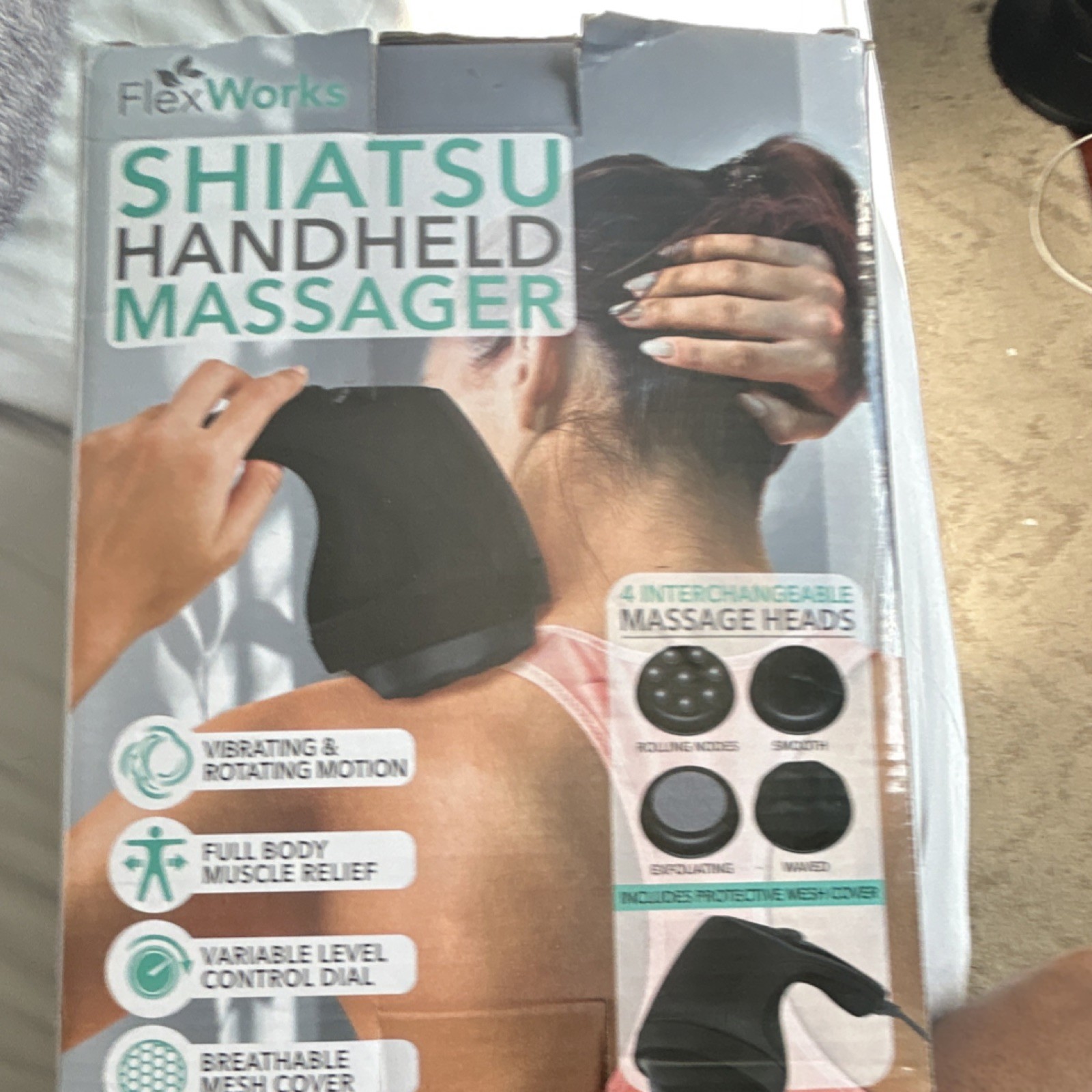 FlexWorks Shiatsu Handheld Massager 4 Massage Heads Black Vibrating Rotating
