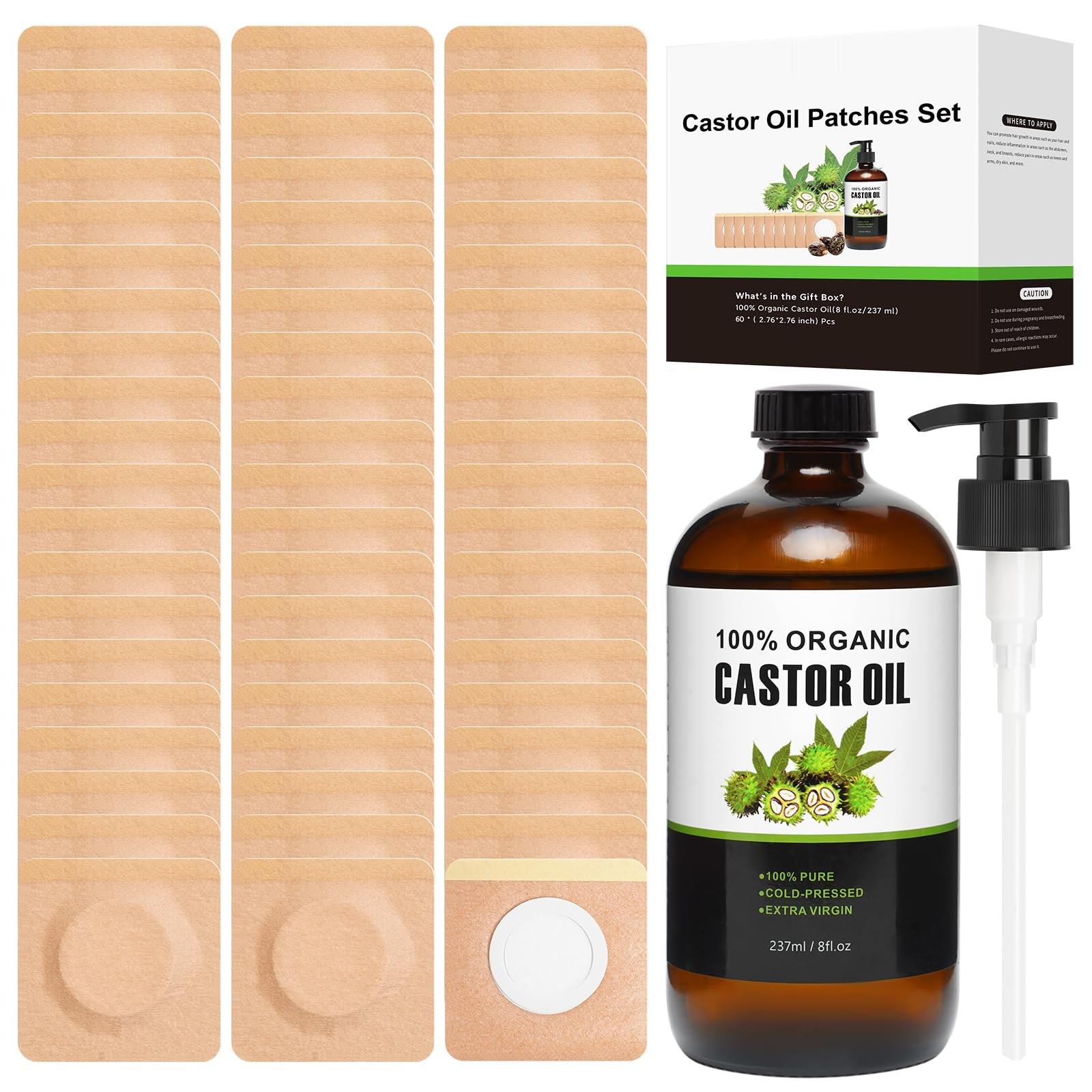 60 Pcs Castor Oil Pack Wrap (8oz/237ml), Self-Adhesive Cotton Castor Oil Patc…