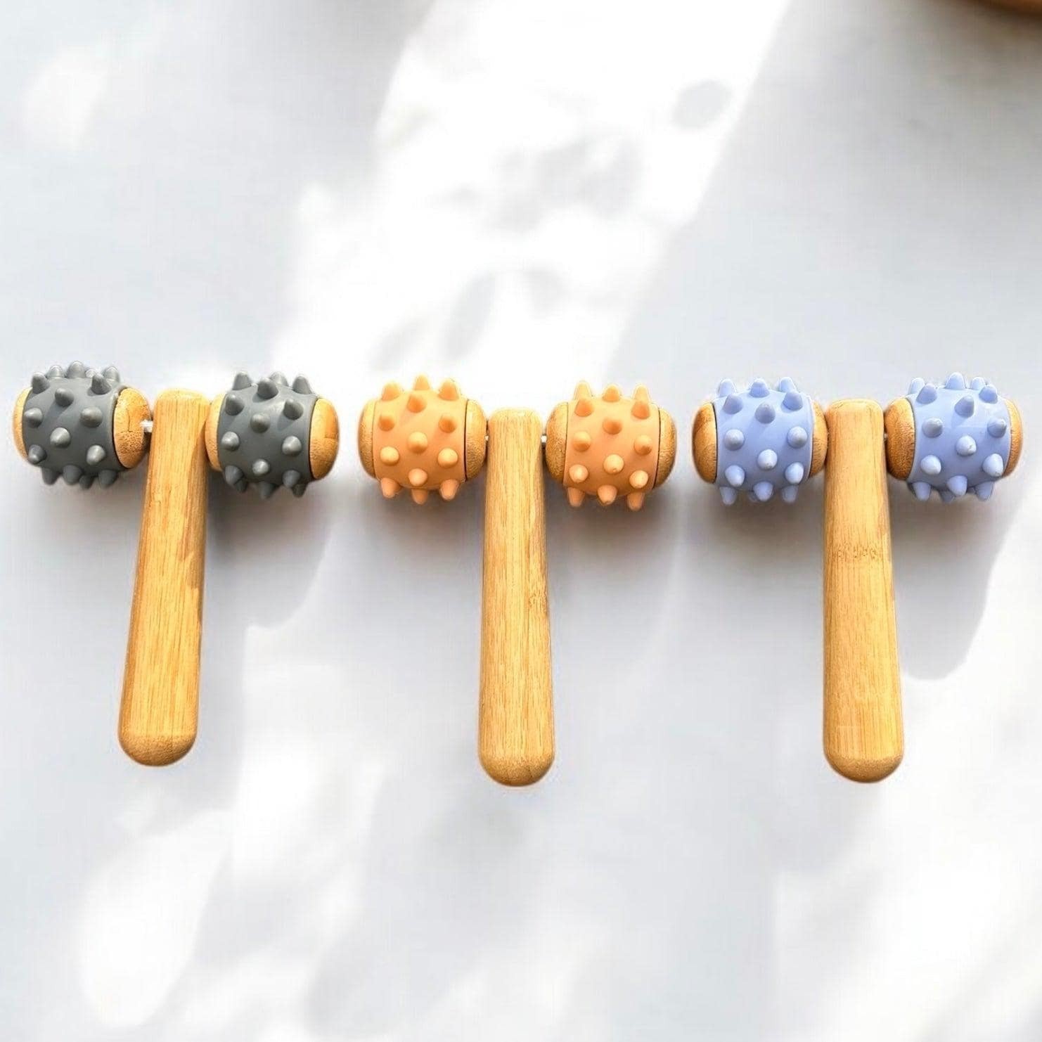 Double-Head Bamboo Body Massager with Silicone Spiked Rollers