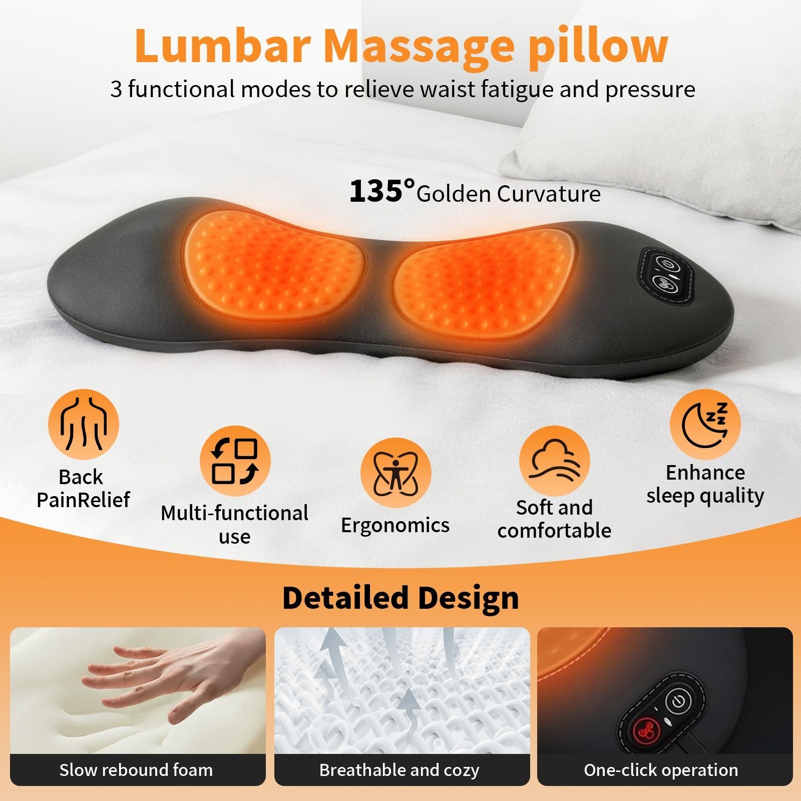 3-in-1 Electric Lumbar Support Pillow & Back Massager with Heat, Pain Relief & T