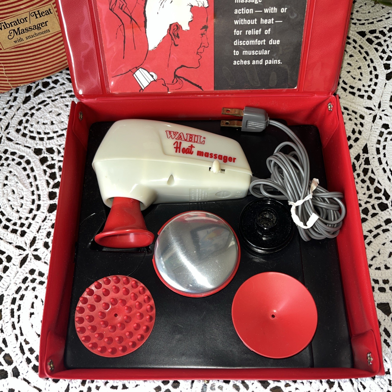 Vintage WAHL VIBRATOR HEAT MASSAGER w/ Attachments Red Case ORIGINAL BOX Works