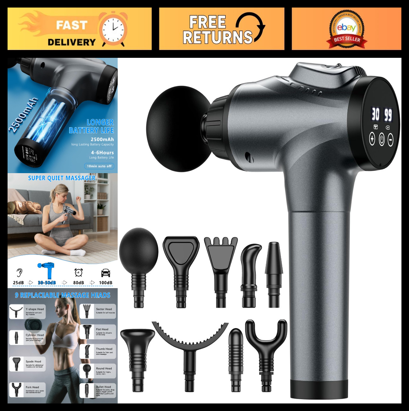 Handheld Deep Tissue Massage Gun for Athletes – 30 Speed Levels, 9 Attachments,