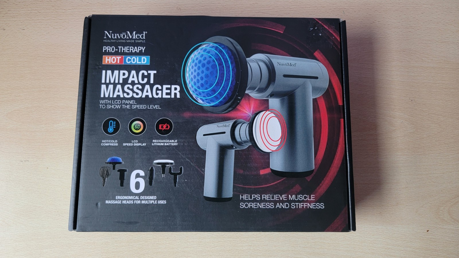NuvoMed Pro-Therapy Cordless Impact Massager Hot/Cold w/ 6 Interchangeable Heads