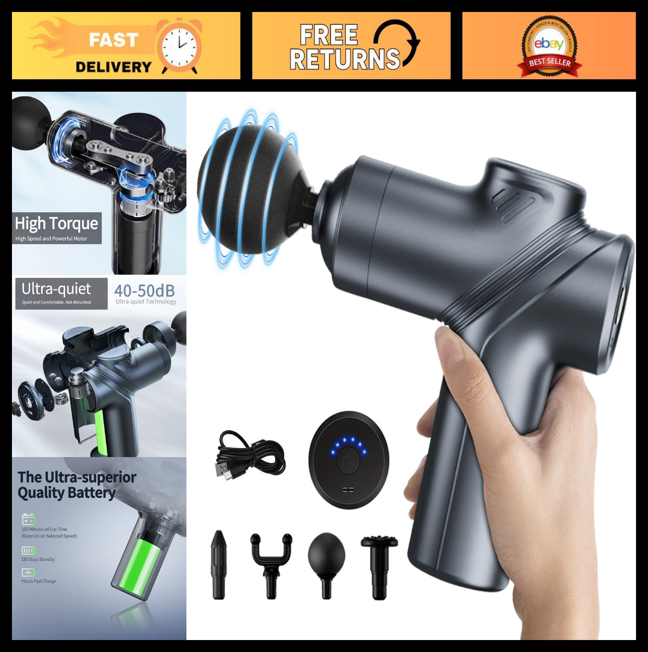 Portable Deep Tissue Massage Gun – Silent Motor, 4 Heads for Muscle Relief & Rel