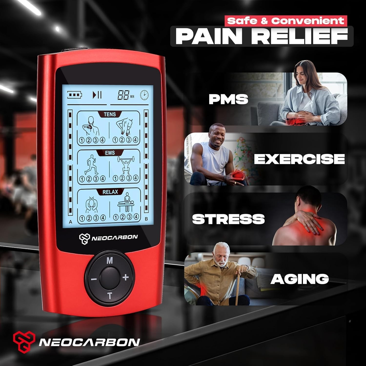 TENS EMS Muscle Stimulator – Electronic Pulse Massager Unit, Red