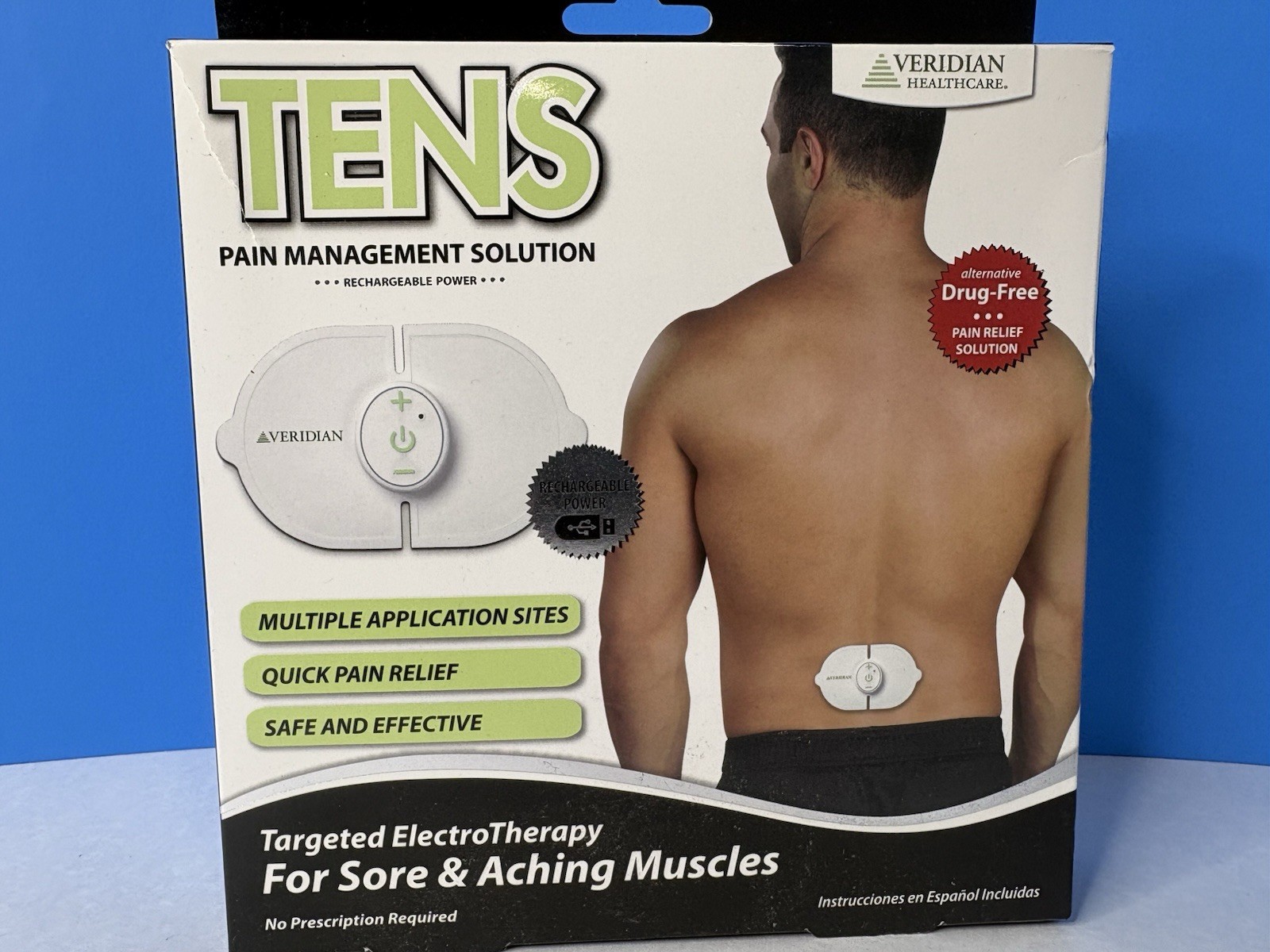 Veridian TENS Pain Management Solution Rechargeable 50 Use Gel Pads NEW FS