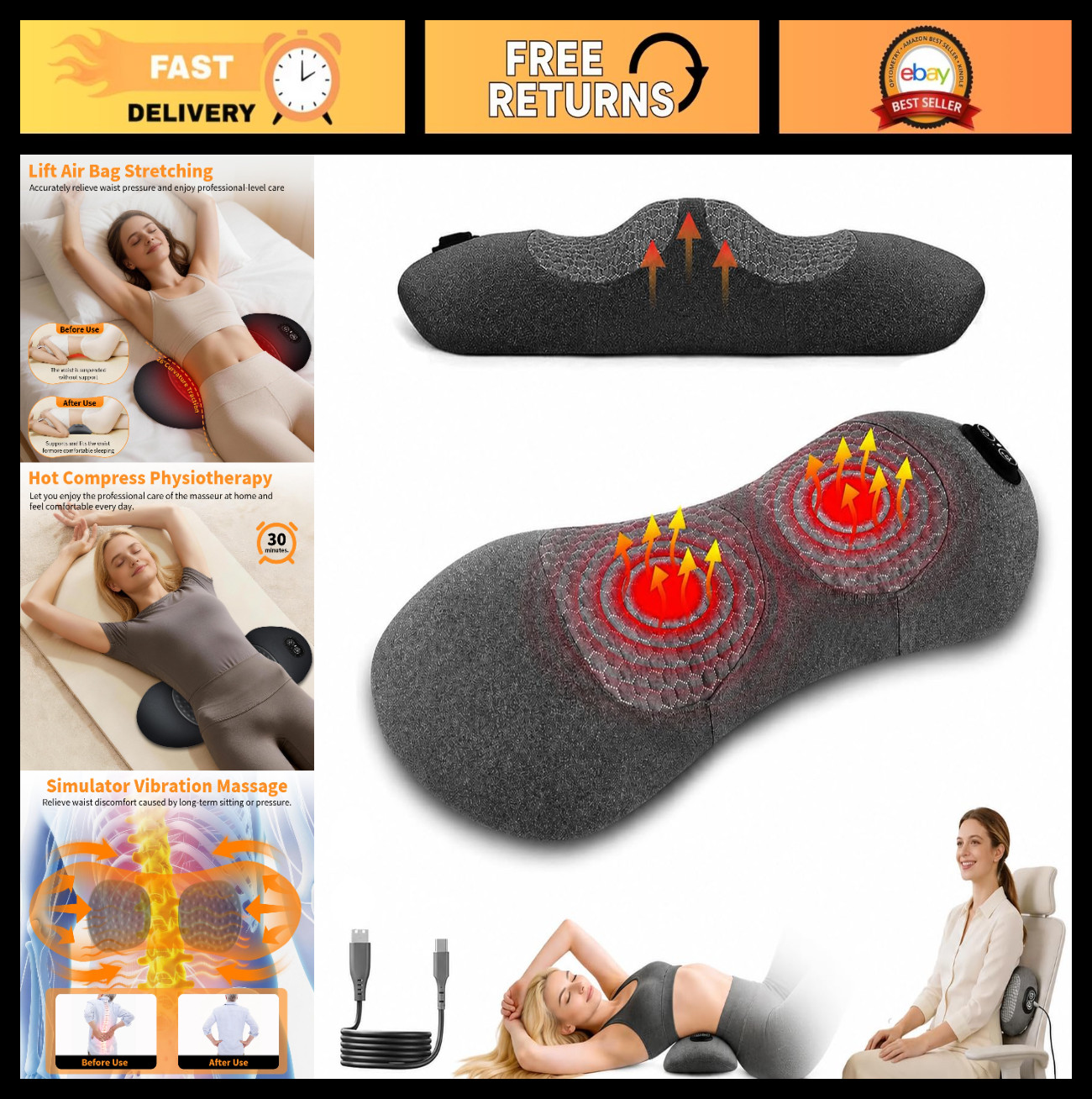 3-in-1 Electric Lumbar Support Pillow & Back Massager with Heat, Pain Relief & T