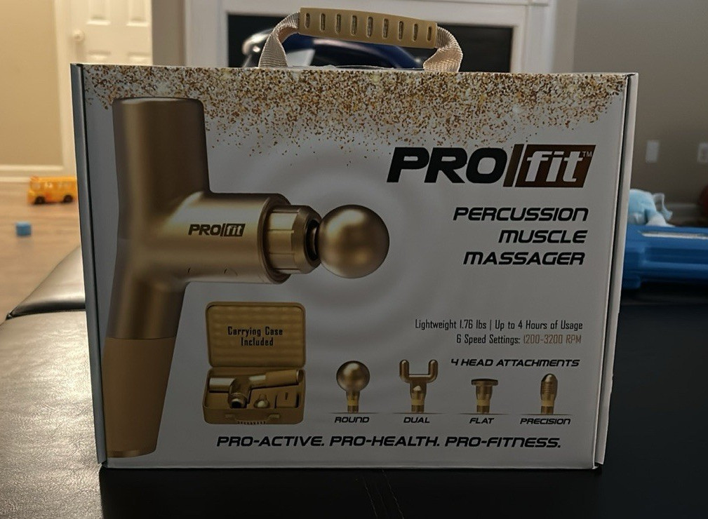 PROfit Percussion Massage Gun Gold Lightweight w/ Case, 4 Heads