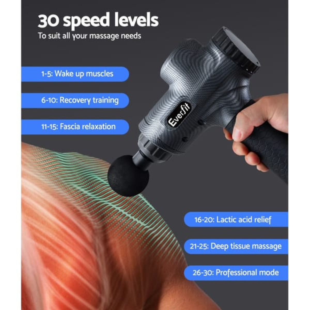 Everfit Muscle Massage Gun Rechargeable 30 Speed 6 Heads Percussion Grey