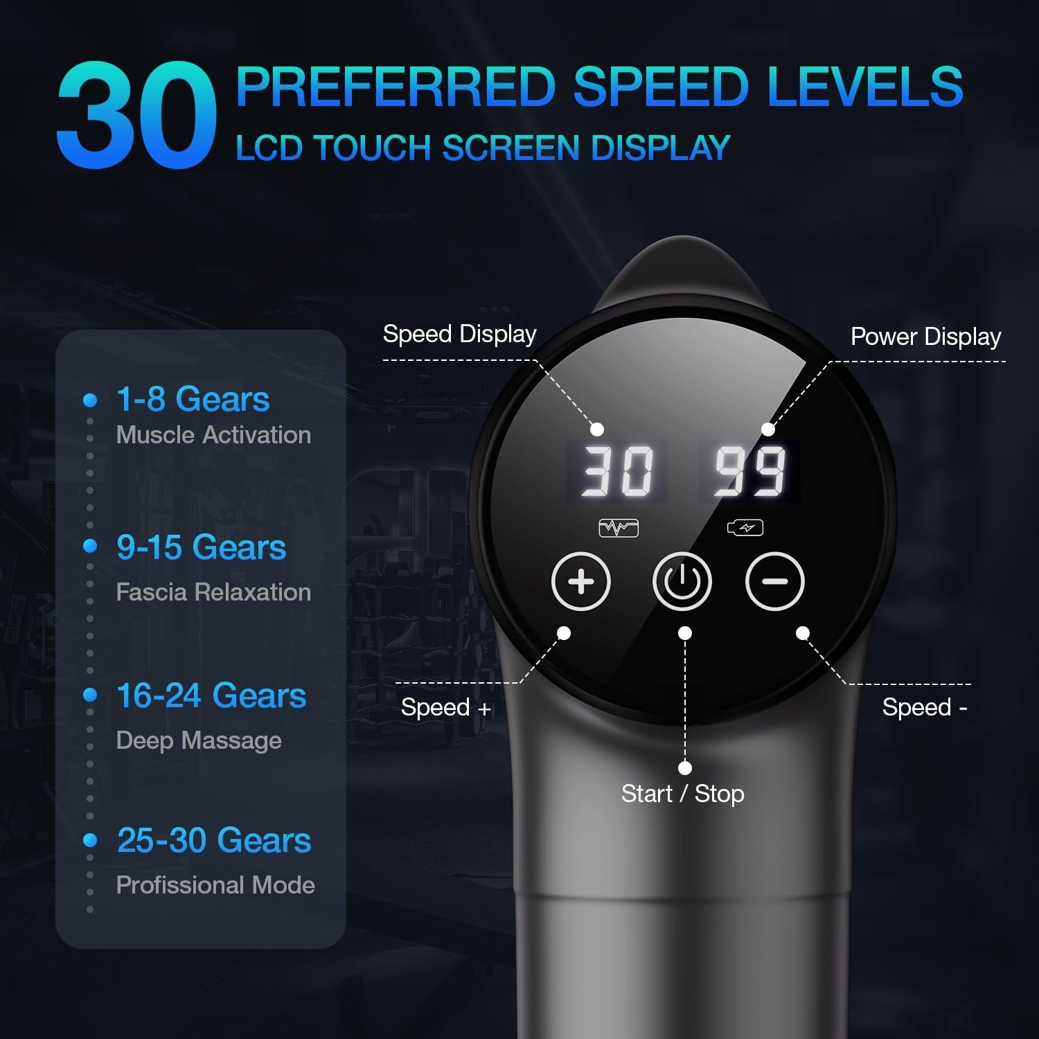 Deep Tissue Massage Gun, Handheld Electric Muscle Massager, 30 Speeds, 9 Attachm