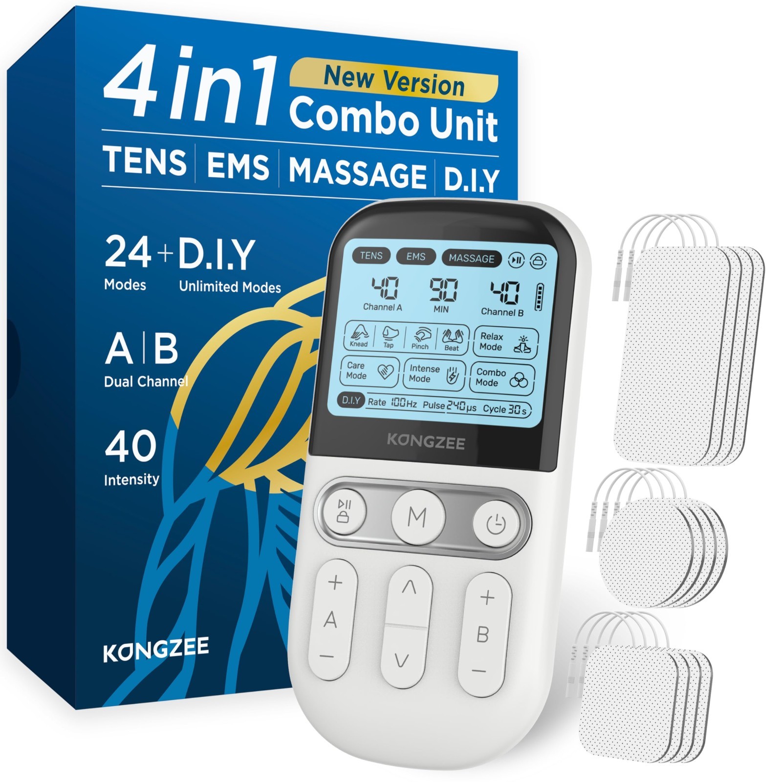 KONGZEE 4-in-1 TENS EMS Unit Muscle Stimulator Massager Dual Channel 24+ Modes