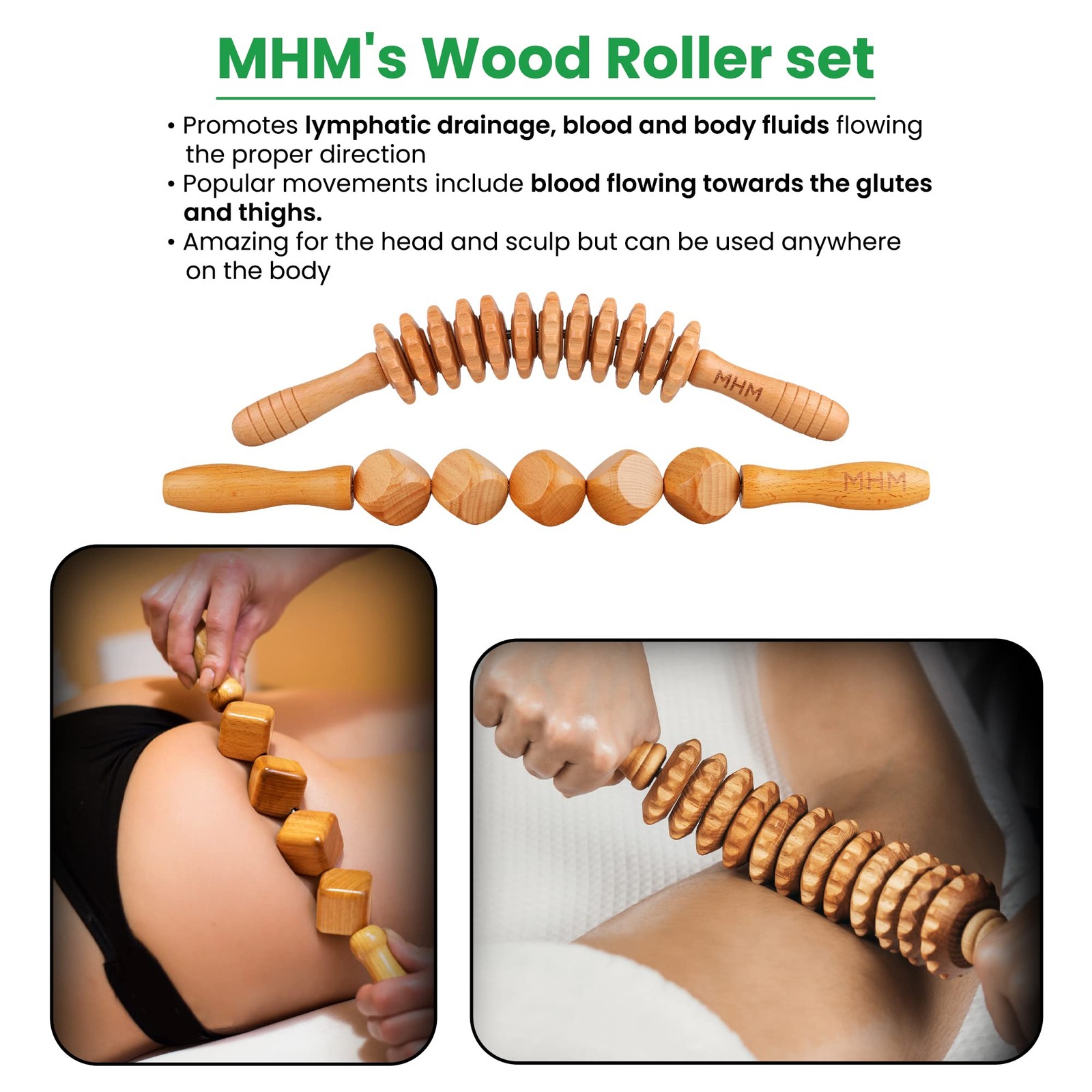 MHM 8-in-1 Wood Therapy Massage Tools Set for Body Sculpting and Brown