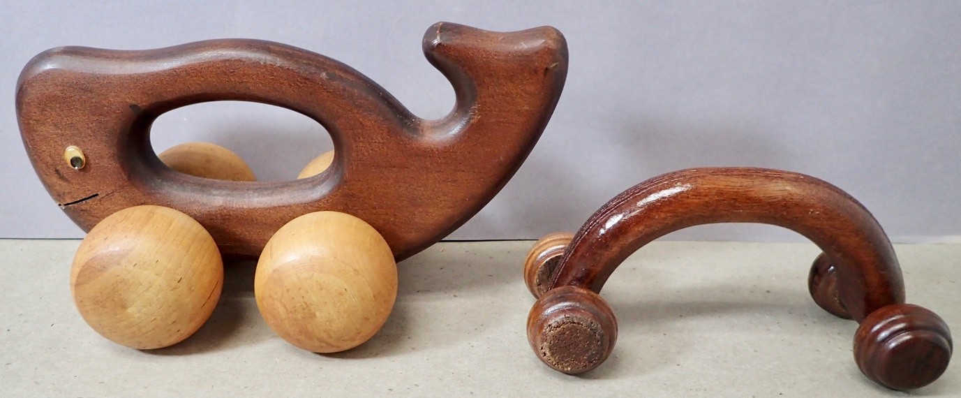 (2) Vintage Wooden Roller Back Massager Hand Held Whale & Arch Shaped Handles