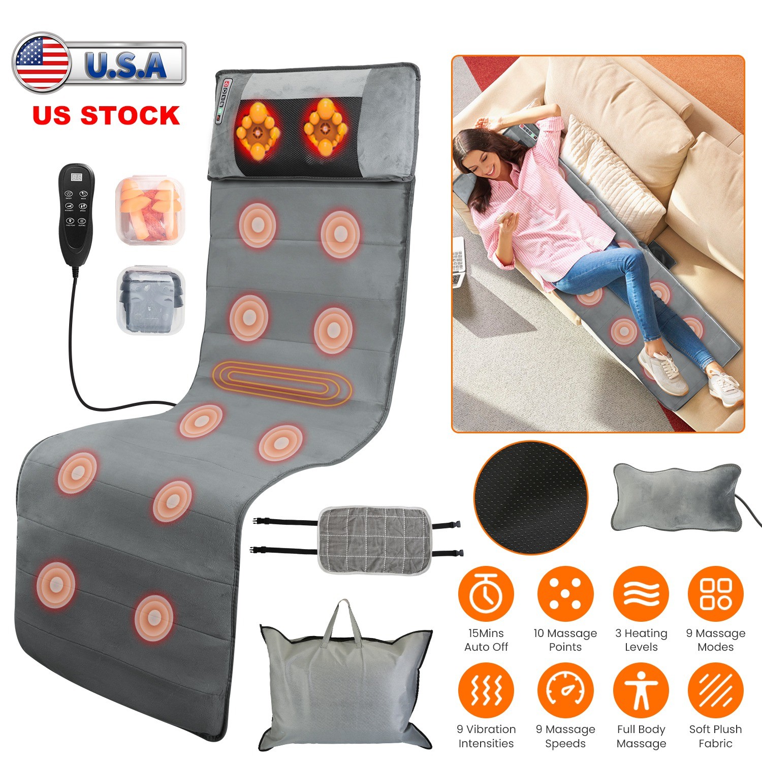 9 Mode Massage Seat Cushion Heated Back Neck Body Massager Chair for Home Office