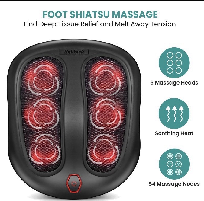 Nekteck Shiatsu Heated Foot Massager Machine 6 Heads Corded Black