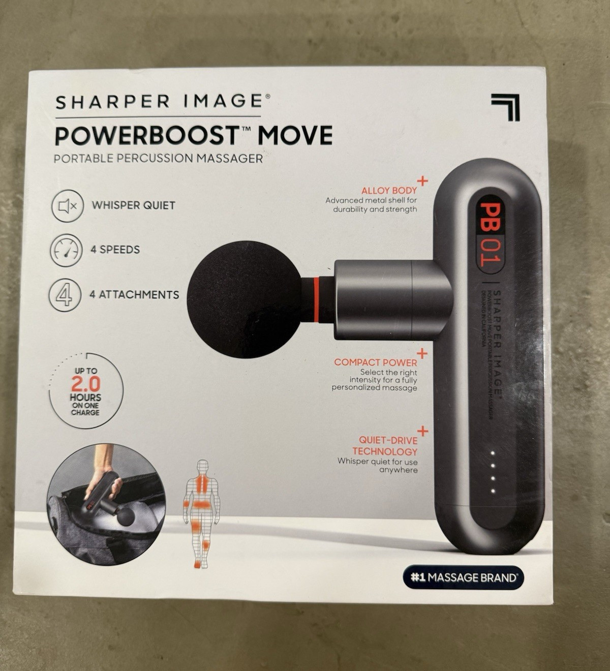 Sharper Image PowerBoost Move Percussion Massage Gun, Cordless, 4 Heads, Case