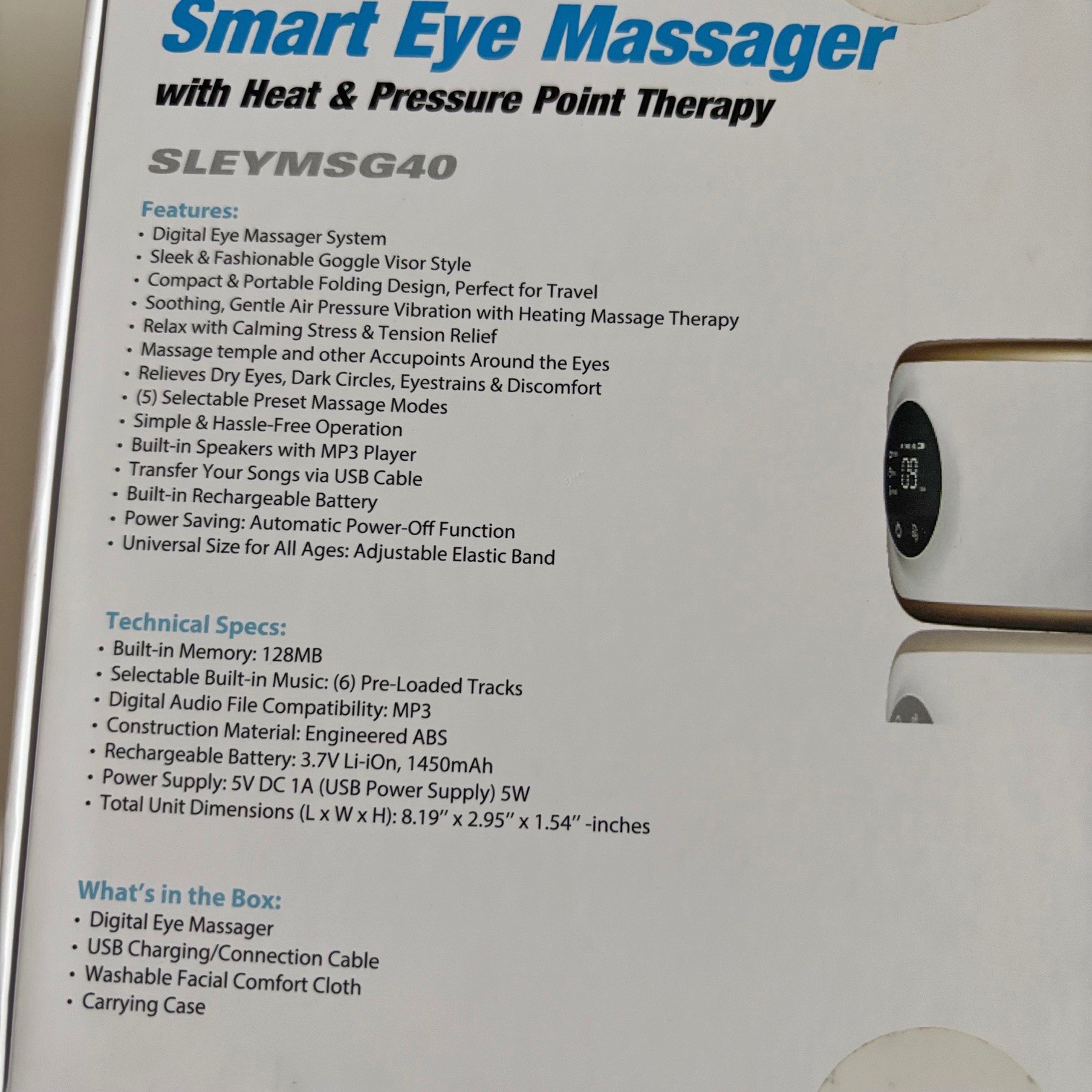 SereneLife SLEYMSG40 Smart Eye Massager Heat Pressure Therapy w/ Box Manual Used