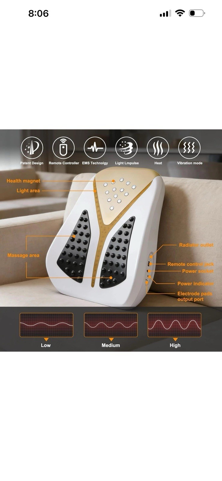 Full Back Massager TENS/EMS With Heat 5 Modes and 50 Intensities AST-622
