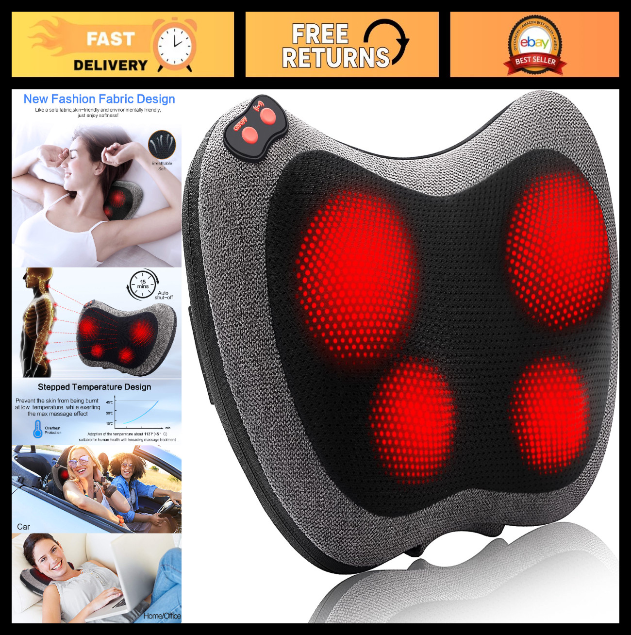 Shiatsu Back Massager with Heat, Deep Tissue Neck & Shoulder Relief, 3D Kneading