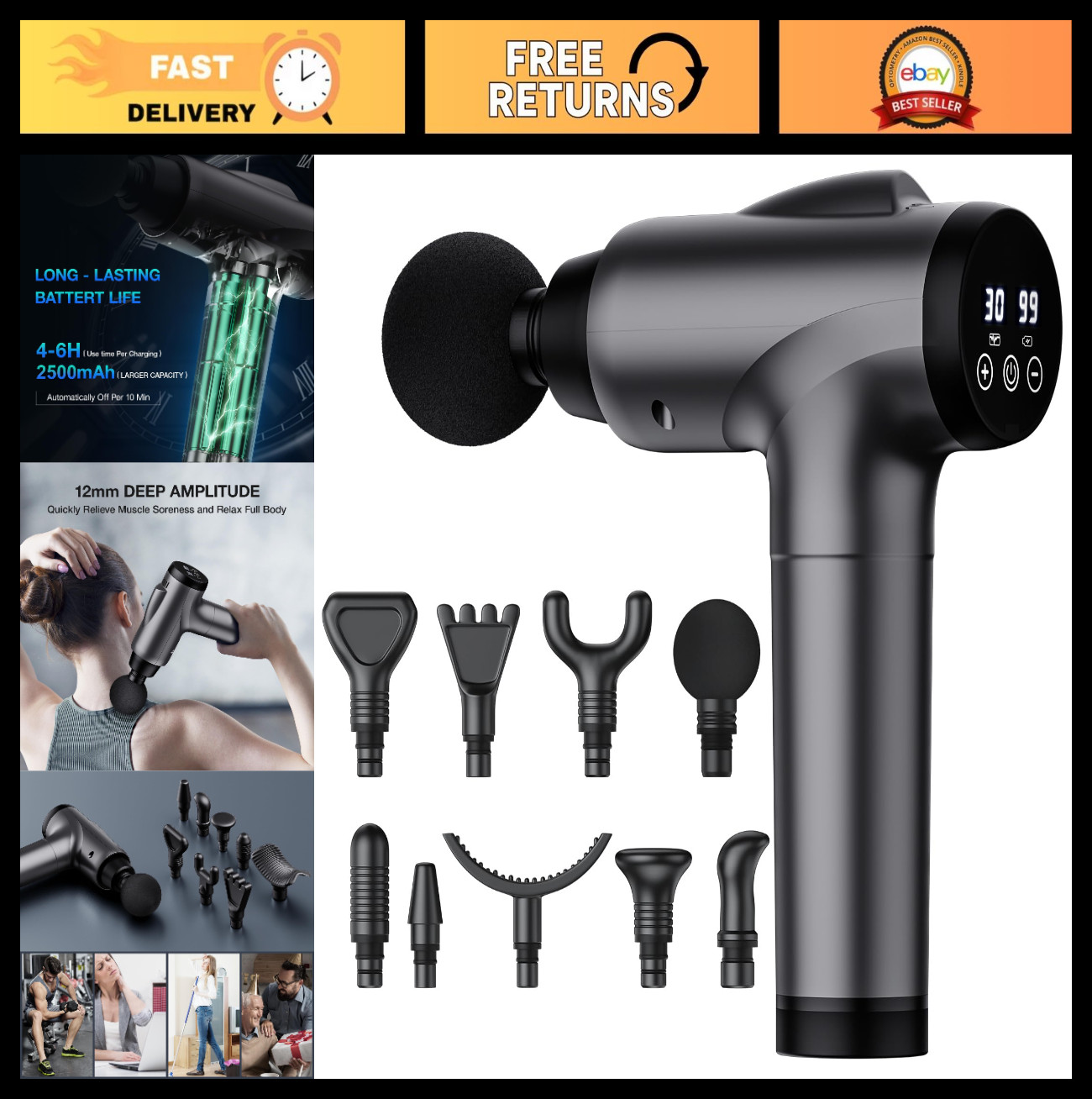 Deep Tissue Massage Gun, Handheld Electric Muscle Massager, 30 Speeds, 9 Attachm