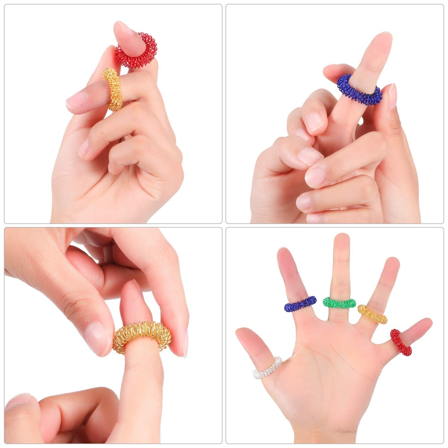 Blulu 50 Pcs Acupressure Fidget Rings Spiky Red, Blue, Green, Gold, Silver