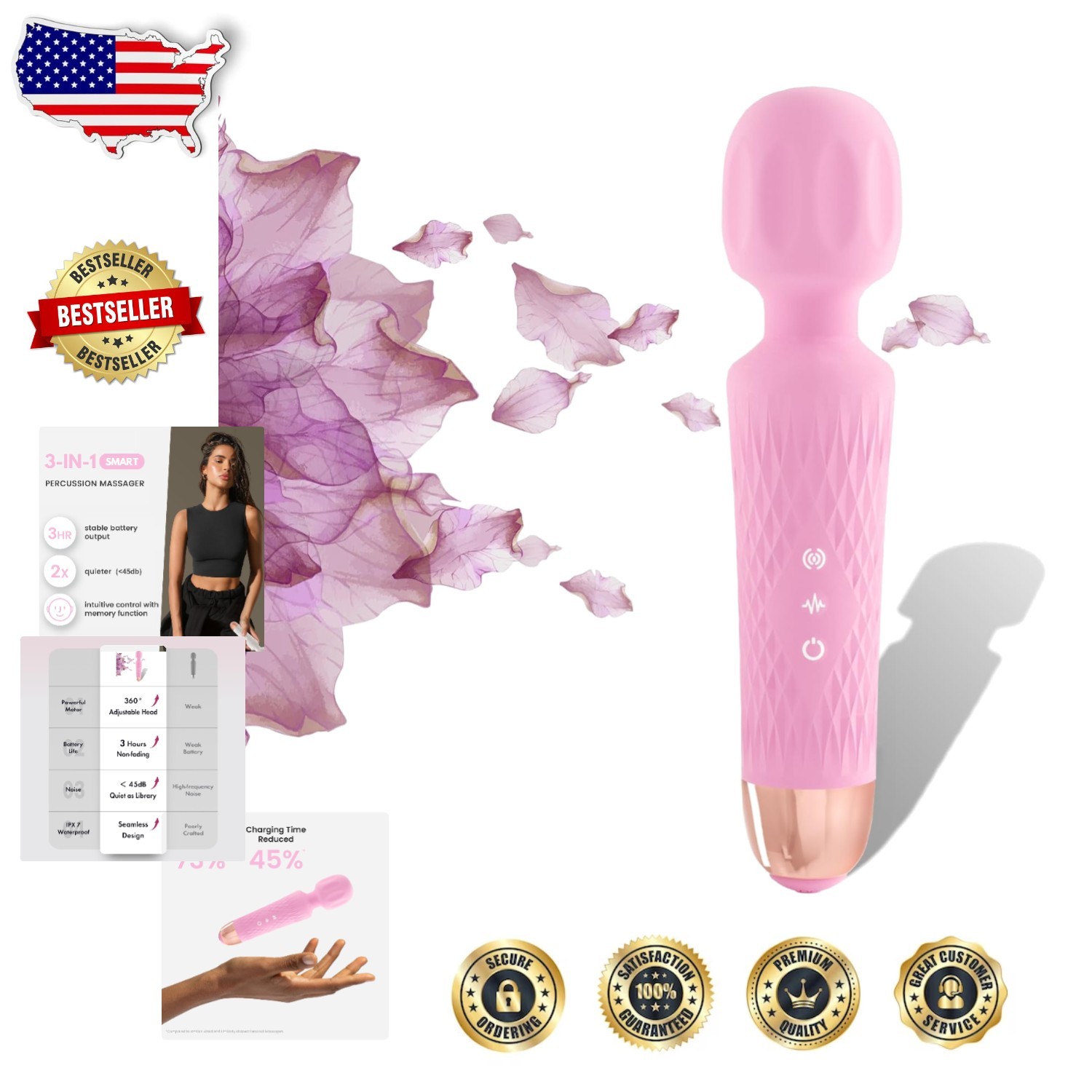 Upgraded 3-in-1 Pink Massager: 3H Battery, 20 Modes, Quiet, Waterproof, Silicone