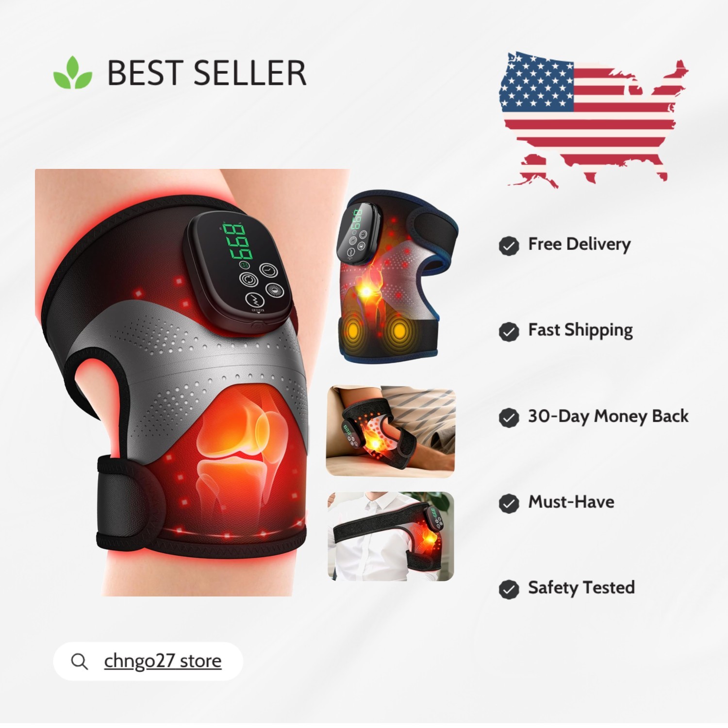Cordless Knee Massager with Heat & Red Light Therapy – Adjustable & Rechargeable
