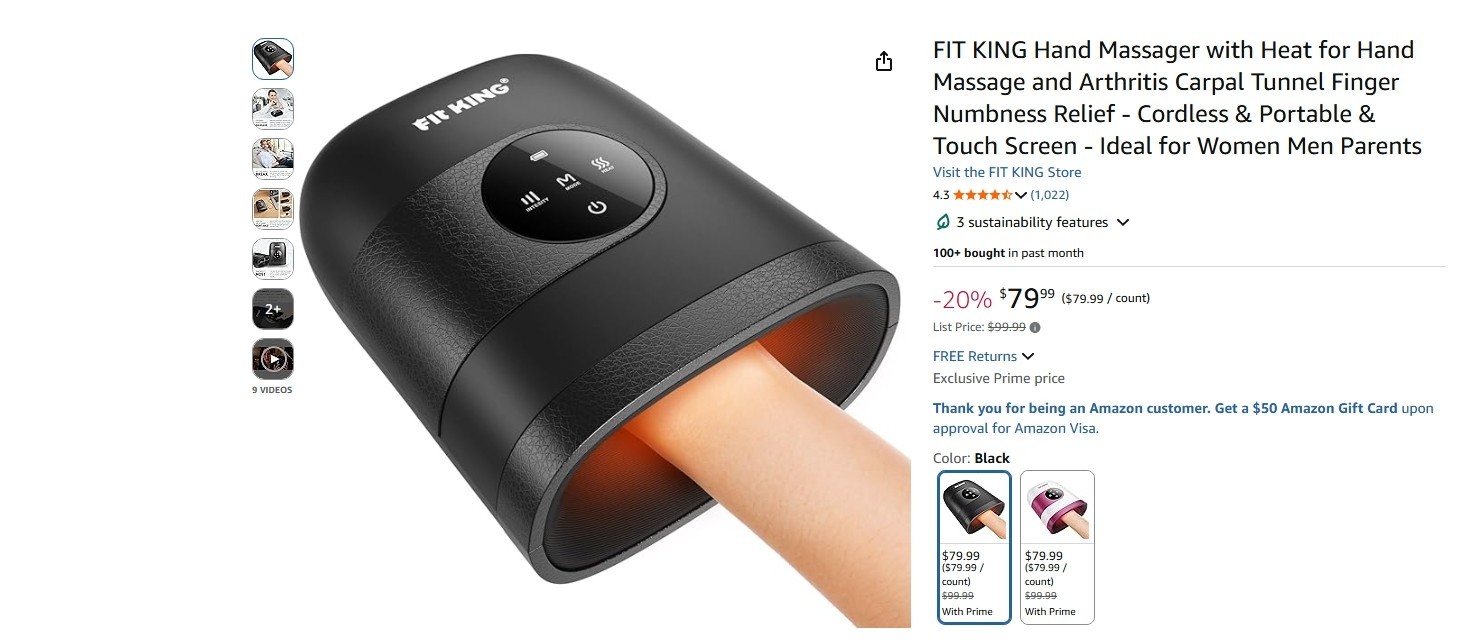 FIT KING Hand Massager w/ Heat Cordless Portable Touch Control Arthritis – OB