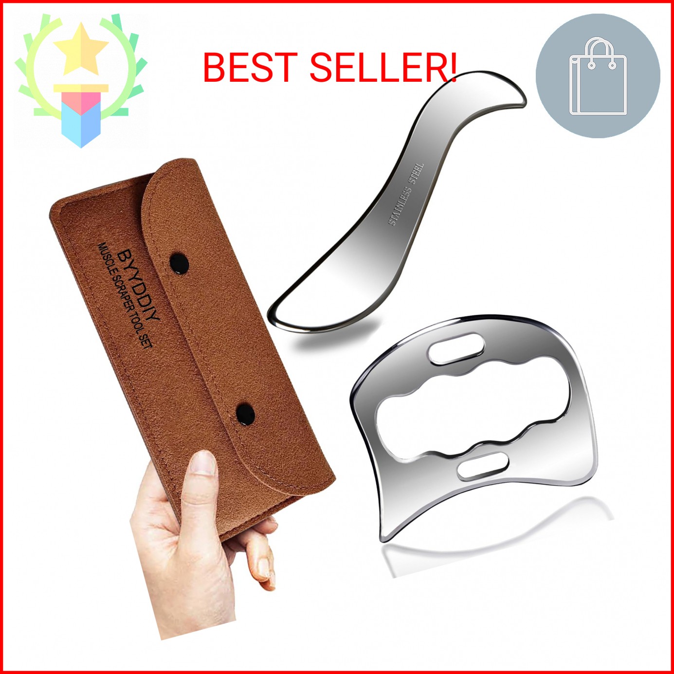 BYYDDIY 2 in 1 Stainless Steel Muscle Scraper Tools Set Gua Sha Massage Scraper