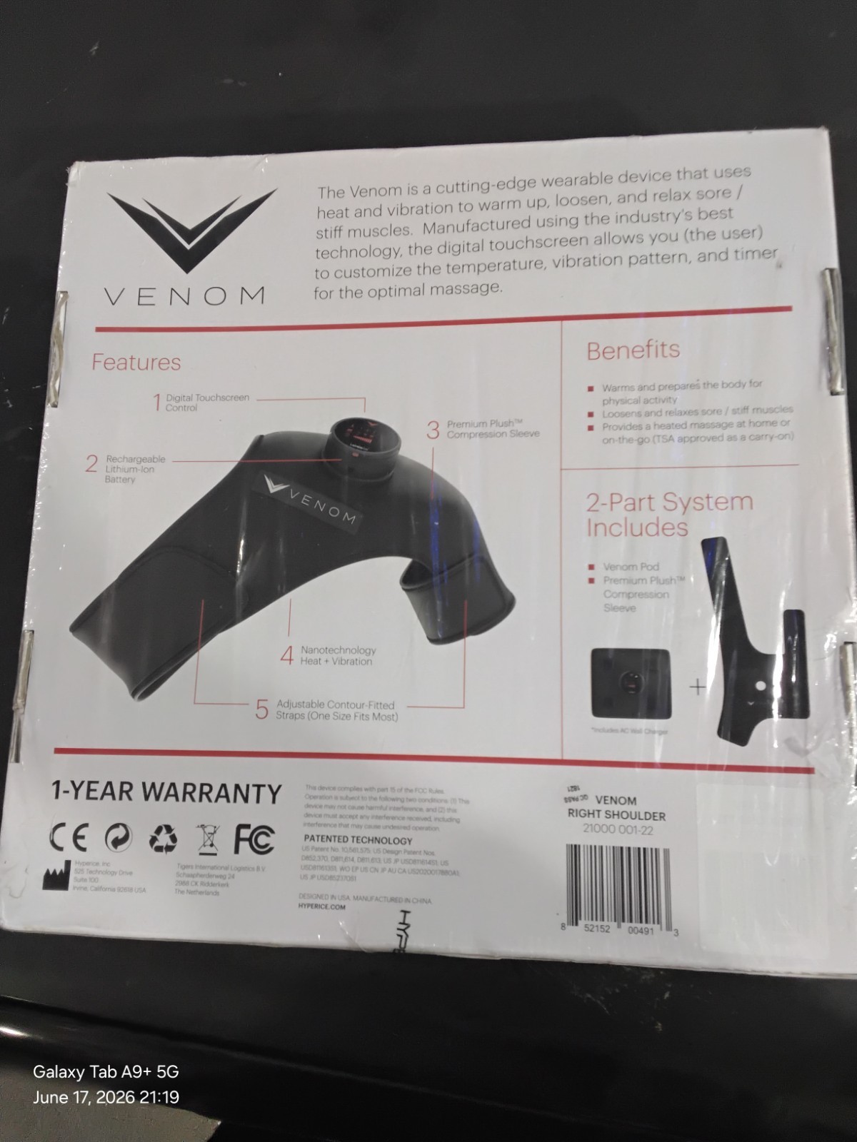 Hyperice Venom Shoulder – Wearable Heat + Vibration Device (Right Shoulder)