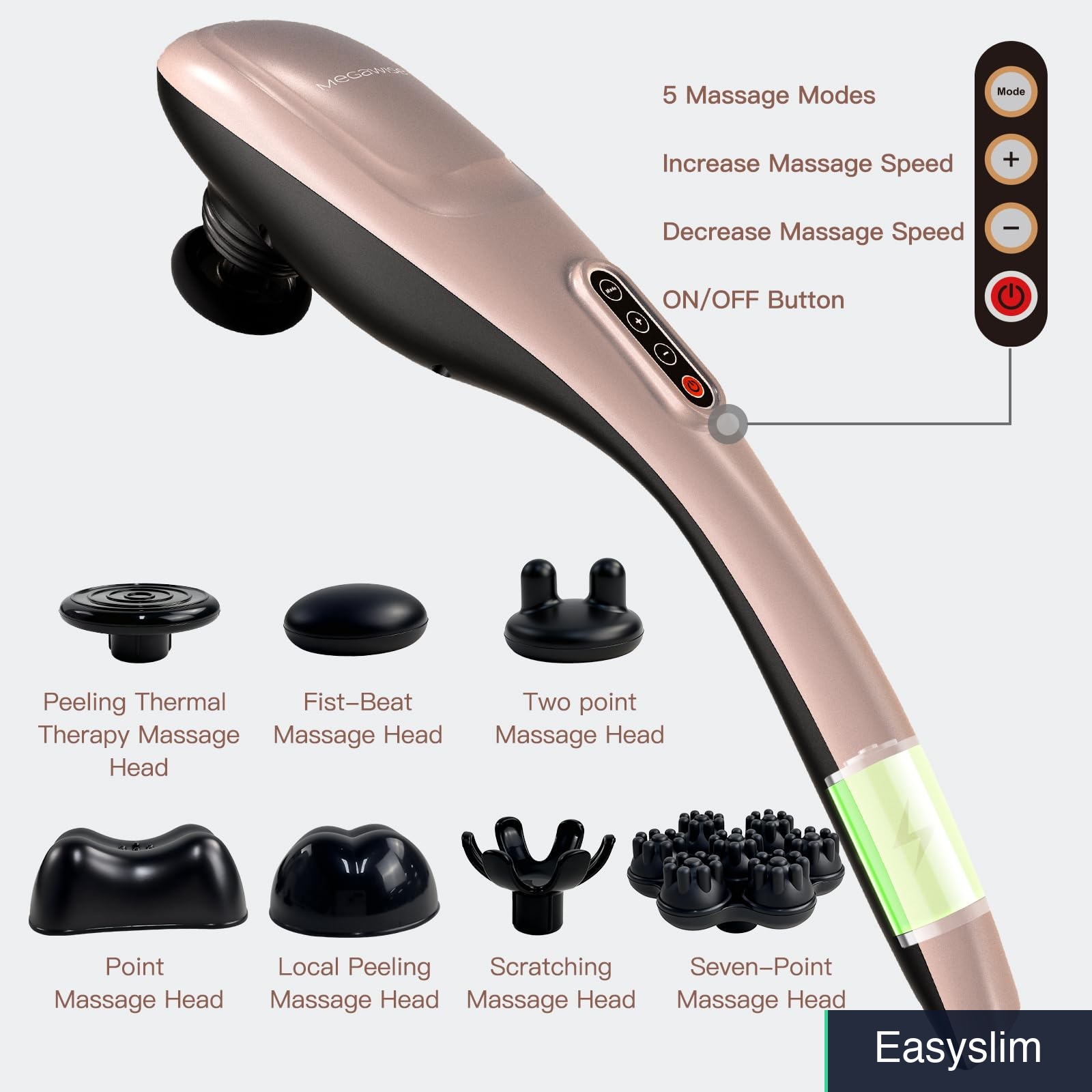 Cordless Handheld Back Massager, Rechargeable, 5 Speed, Rose Gold