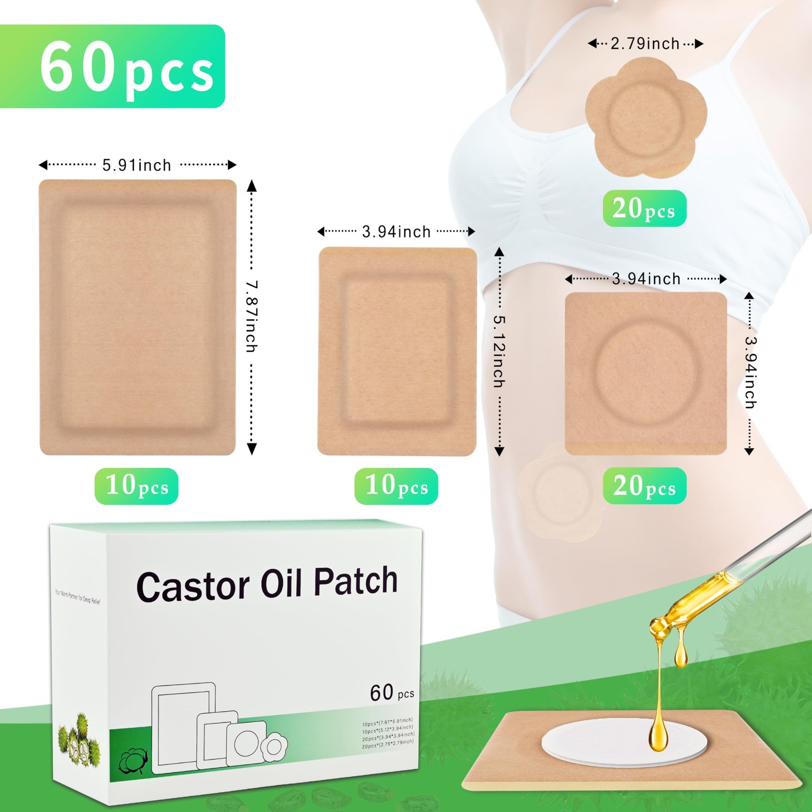 Castor Oil Pack Wrap & Patches 60 Pcs 4 Sizes Disposable Self-Adhesive Organic