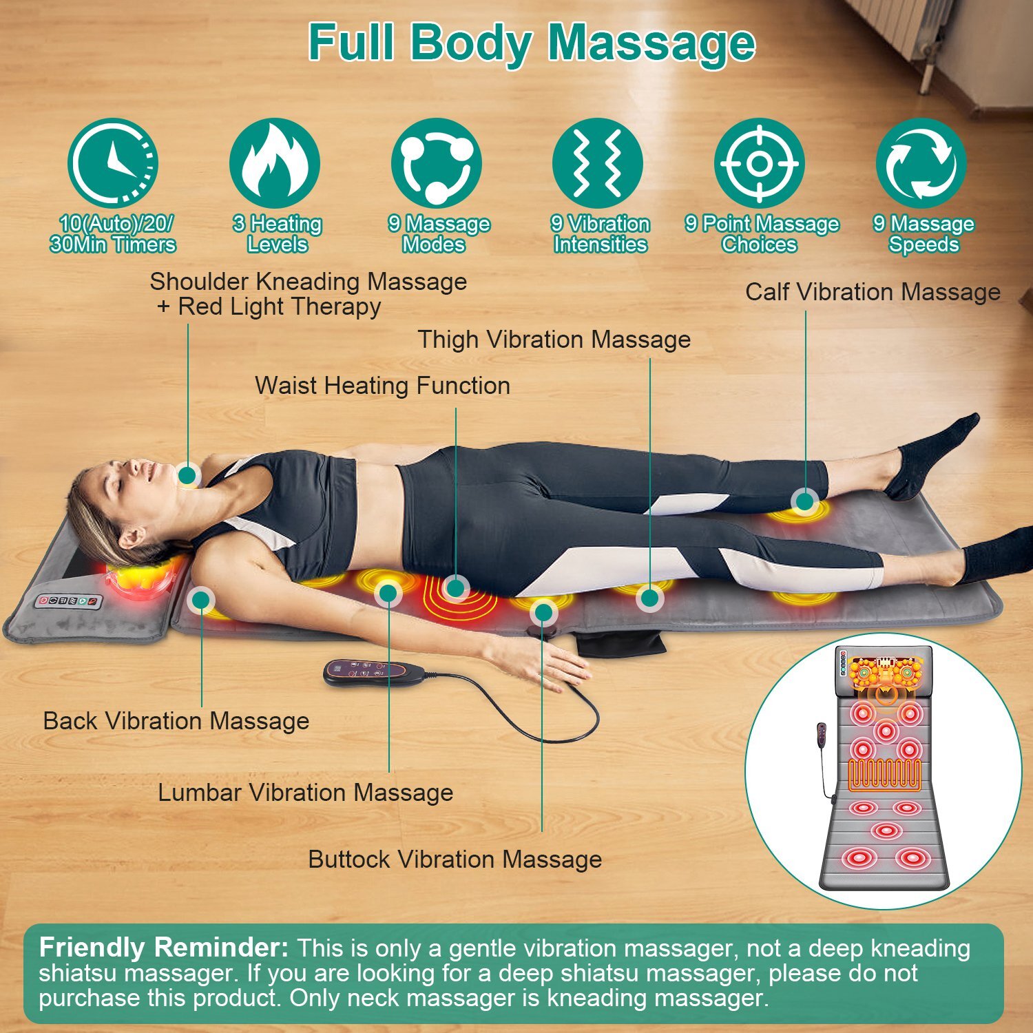 Full Body Electric Massage Mat Heated Pad Massage Mattress w/Neck Massage Pillow