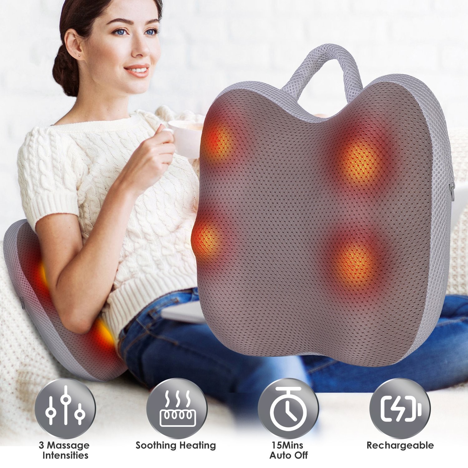 Cordless Electric Shiatsu Back Waist Massager 3D Kneading Massage Heating Pads