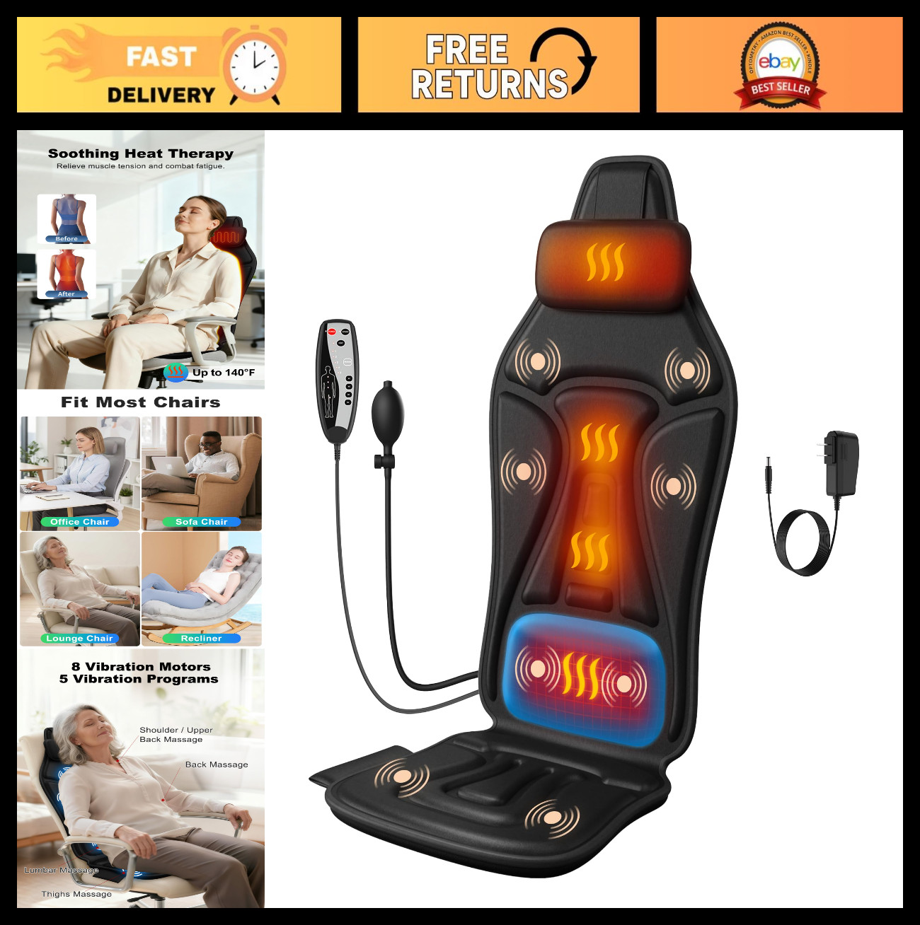 Vibration Massage Seat Cushion with Heat – Full Back & Neck Massager, 8 Motors,