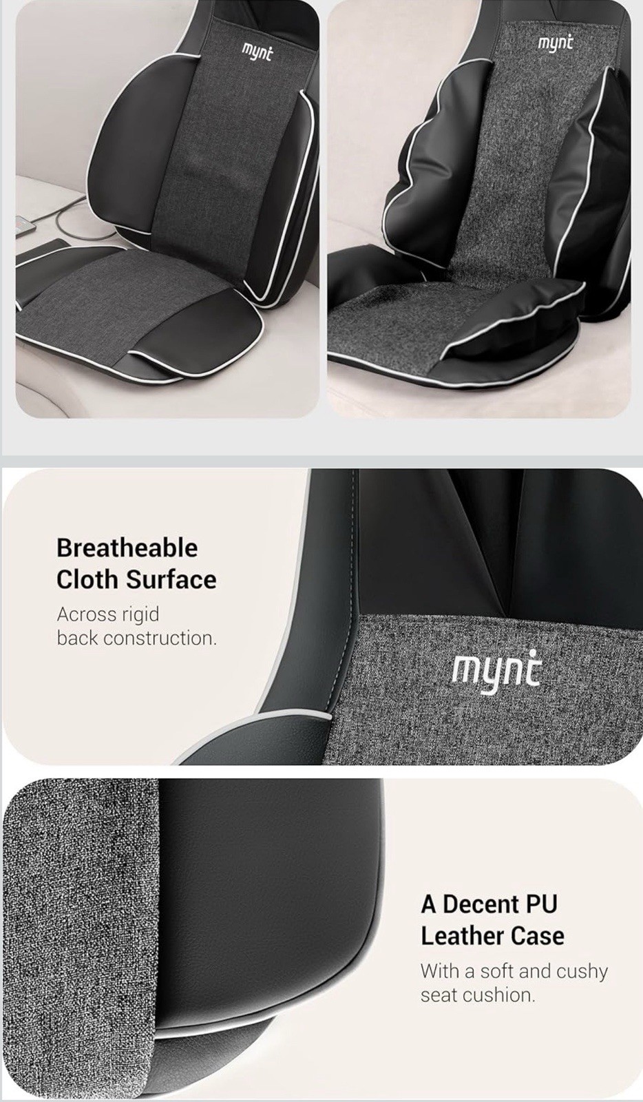 mynt Shiatsu Kneading Heated Massage Cushion w/ Remote, Back & Neck, Black/Gray