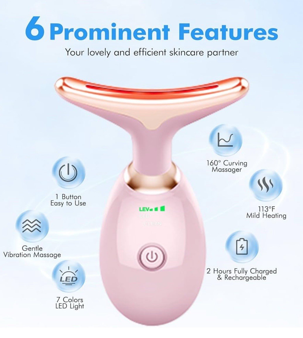 7-Color Red Light Face & Neck Massager Therapy Tool – Glossy Pink