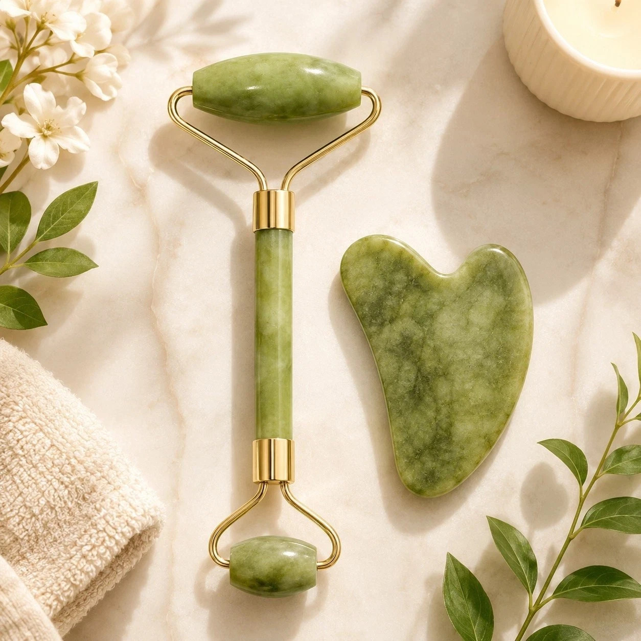 2 Piece Set of Double Head Facial Rollers & Gua Sha – Heart Shaped Scraper