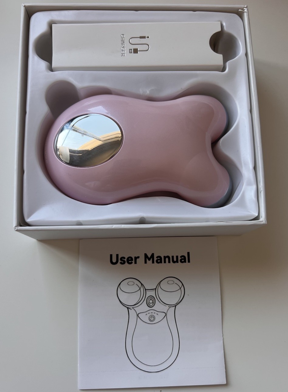 Pink Dual Roller Facial Massager Vibrating Handheld USB Rechargeable 2 Heads