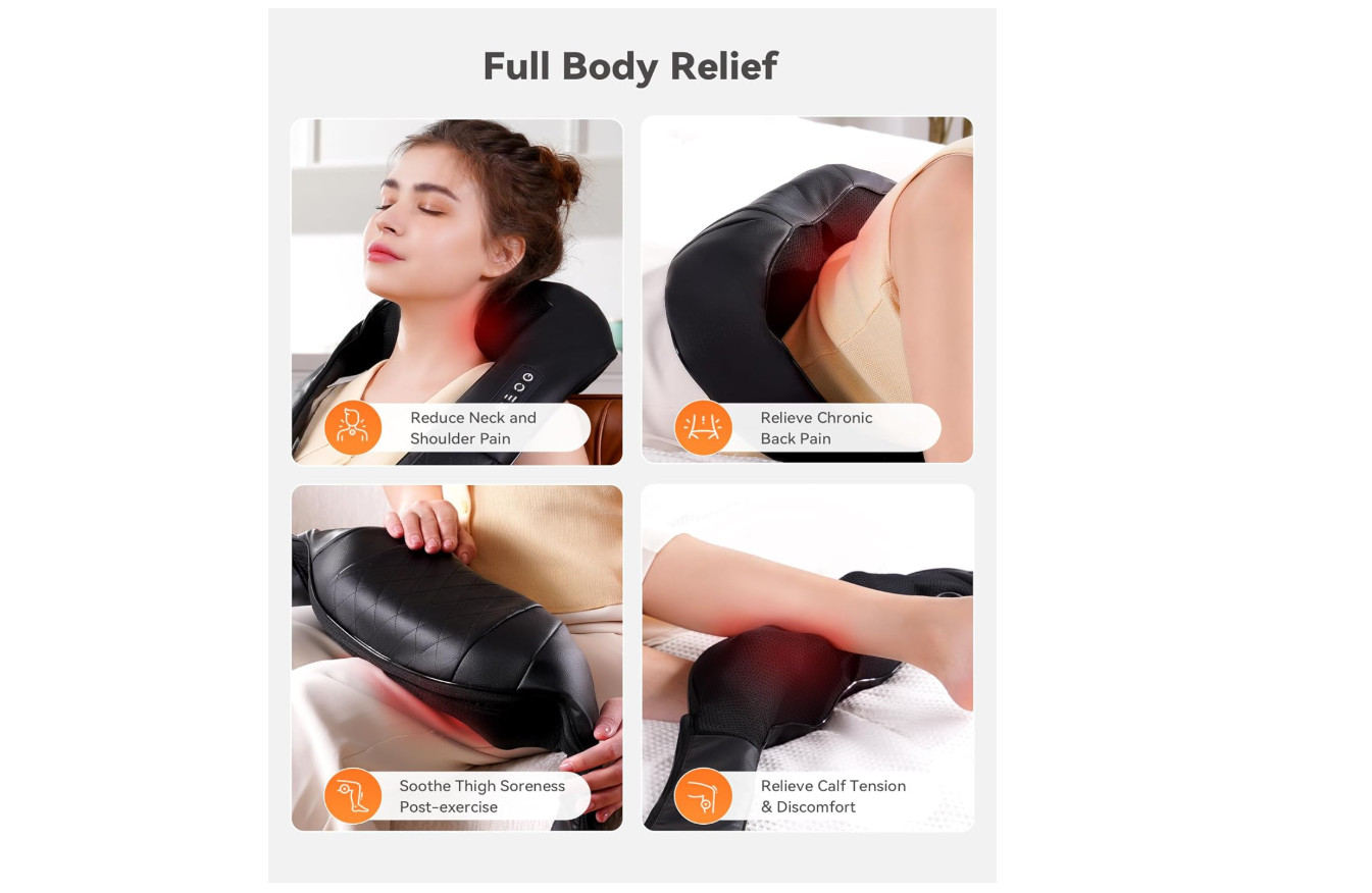 Shiatsu Neck & Back Massager with Heat – 4D Kneading Shoulder Pillow
