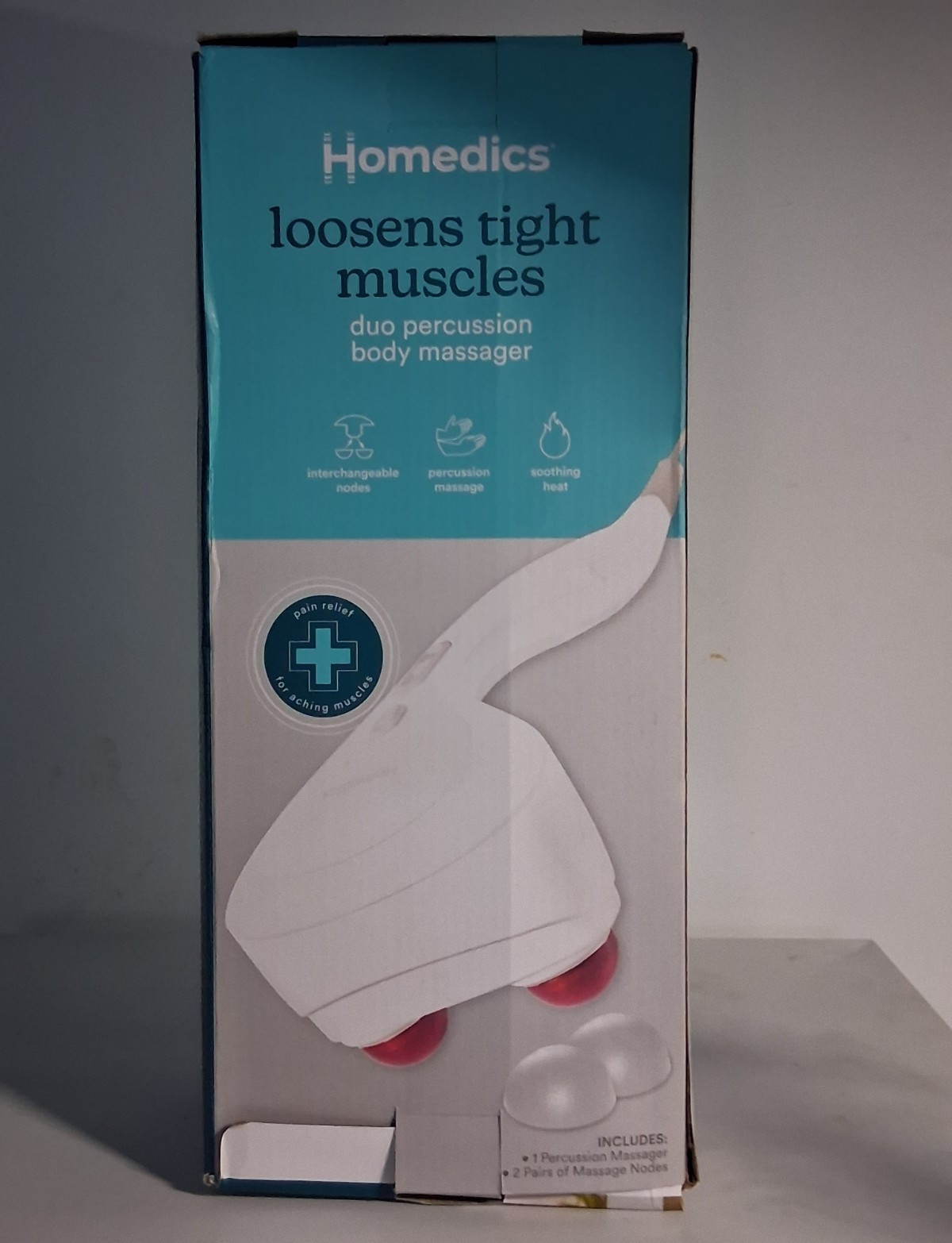 HoMedics Duo Handheld Percussion Massager w/ Heat, 2 Heads, Corded, White