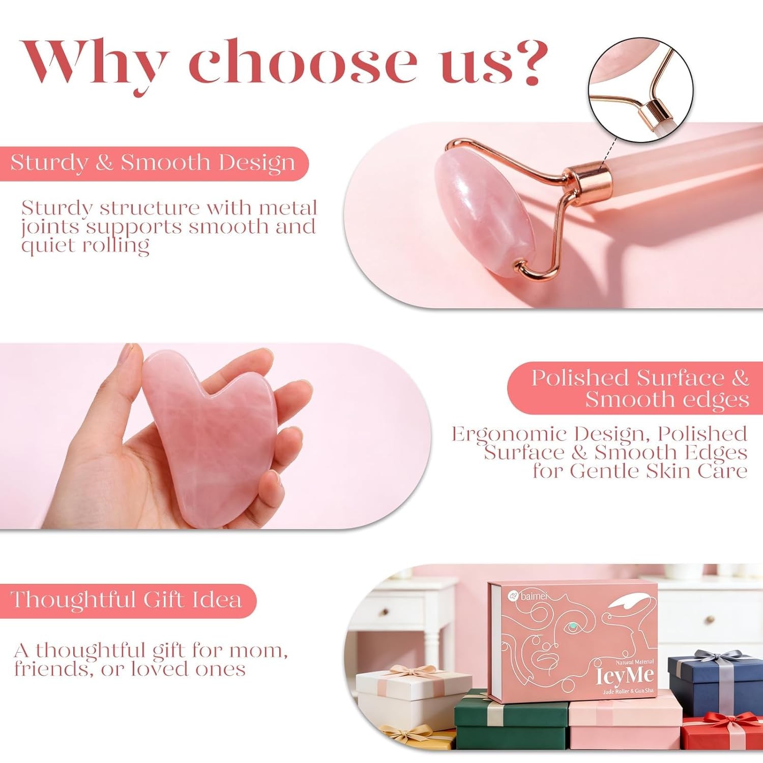 BAIMEI Rose Quartz Face Roller & Gua Sha Set Cooling Facial Massage Tool