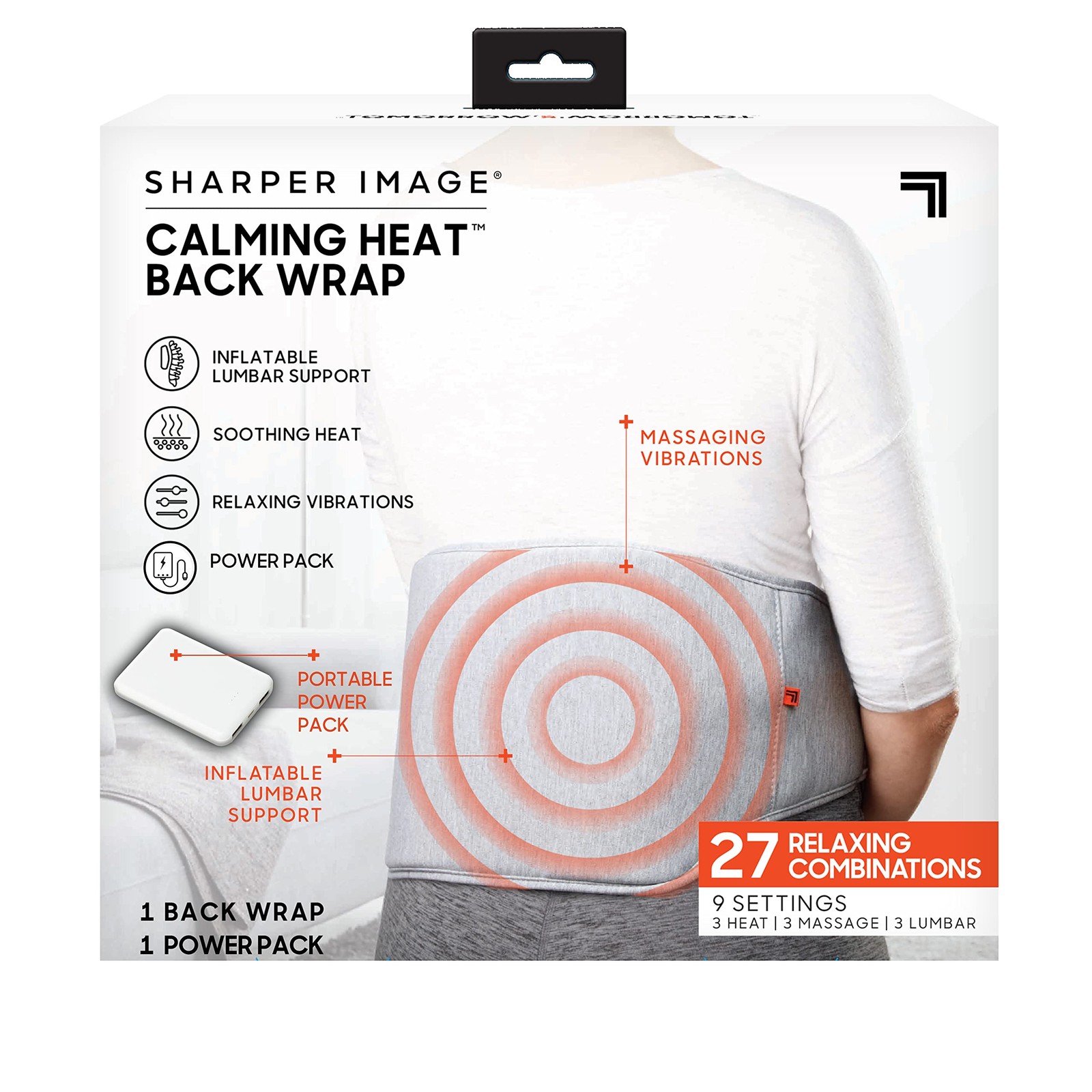 Calming Heat Back Wrap by Sharper Image with Power Pack | Inflatable Heating Pad
