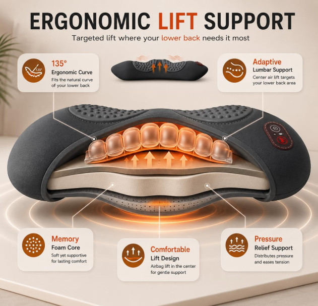 Rechargeable Lumbar Support Pillow Heat Vibration Massage Air Lift Back Cushion